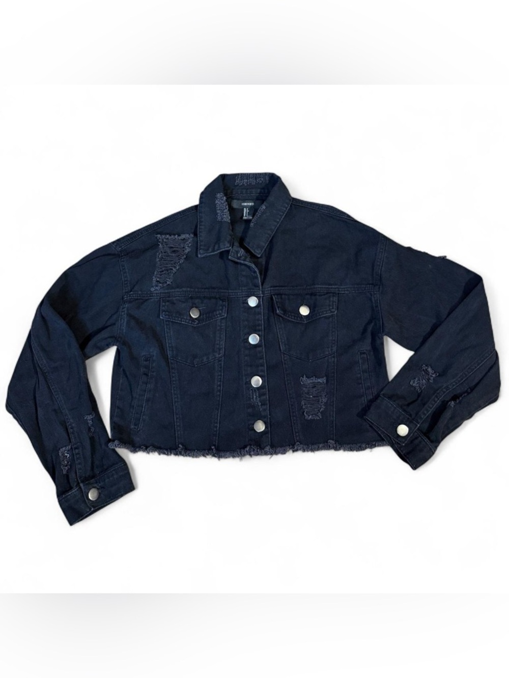 Forever 21 Black Distressed Cropped Denim Jacket Size S
